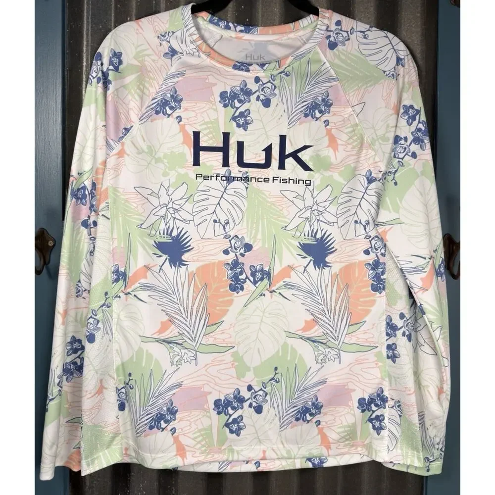 Huk Womens Aqua Dye Pursuit Crew L/S Fishing Shirt Medium Radical Botanical - Picture 1 of 5